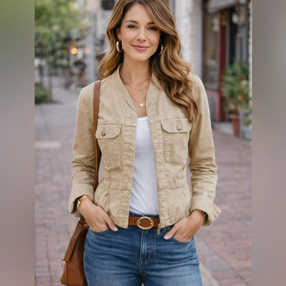 CAbi Fitted Military Jacket Button Closure Khaki Cotton Spandex size small - Picture 10 of 12